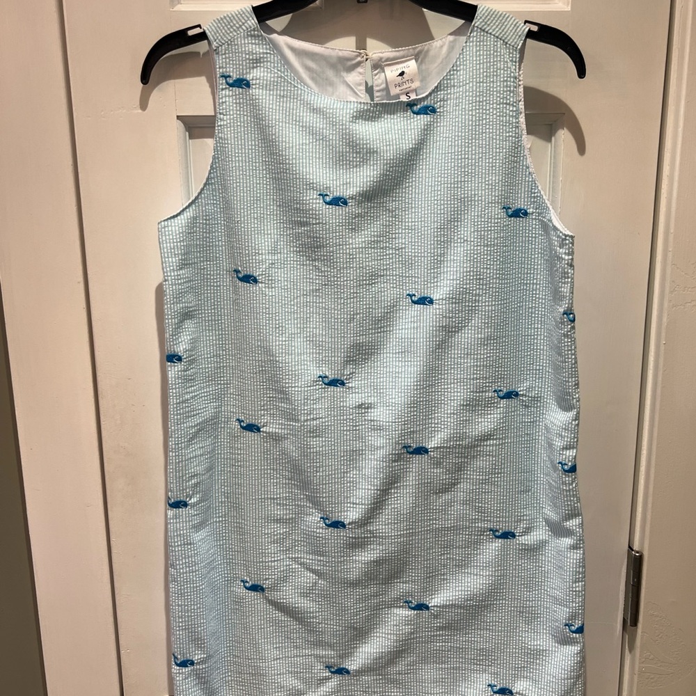 Elegant Blue Whale seersucker woman’s shift dress embroidered whales